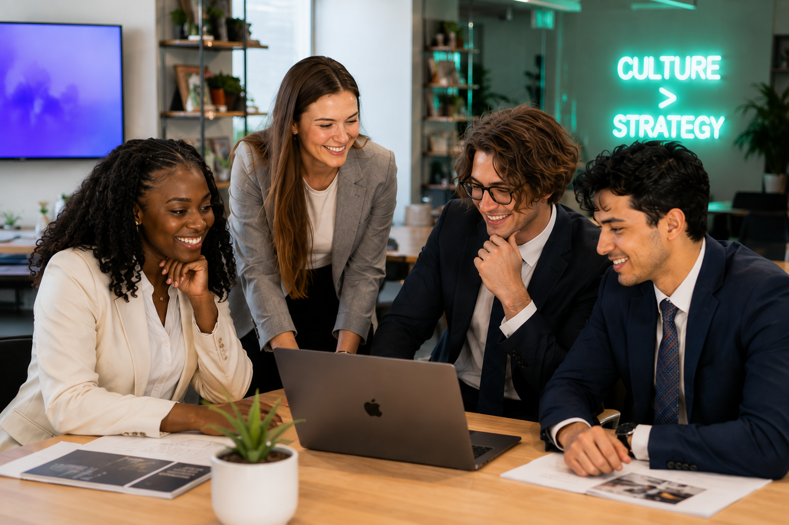 Four teammates reviewing a campaign together on a laptop in the Miami office