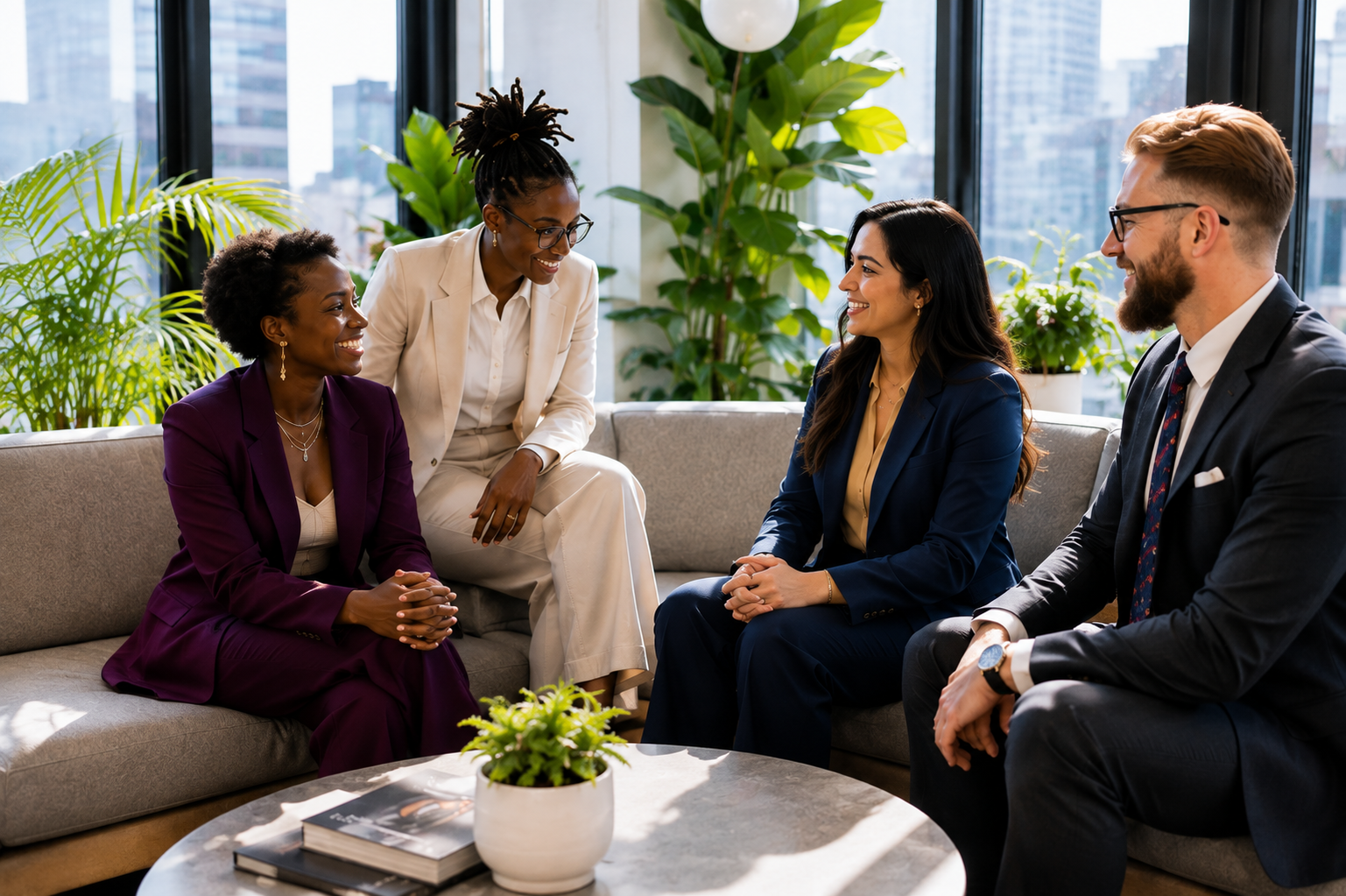 Team members in conversation in a plant-filled Miami office lounge