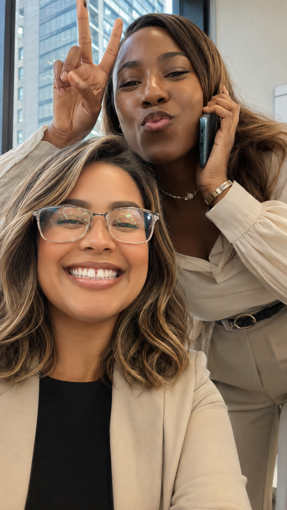 Two Miami Vybe teammates laughing between calls in the office
