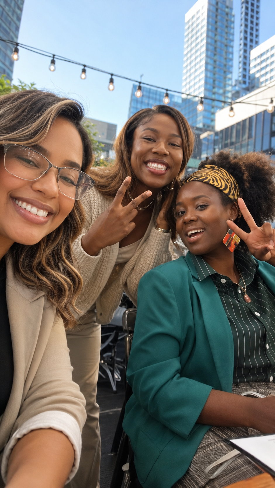 Team members on a rooftop terrace with the Miami skyline behind them