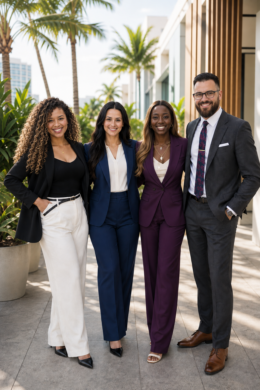 Four team members outside the Miami office among palm trees