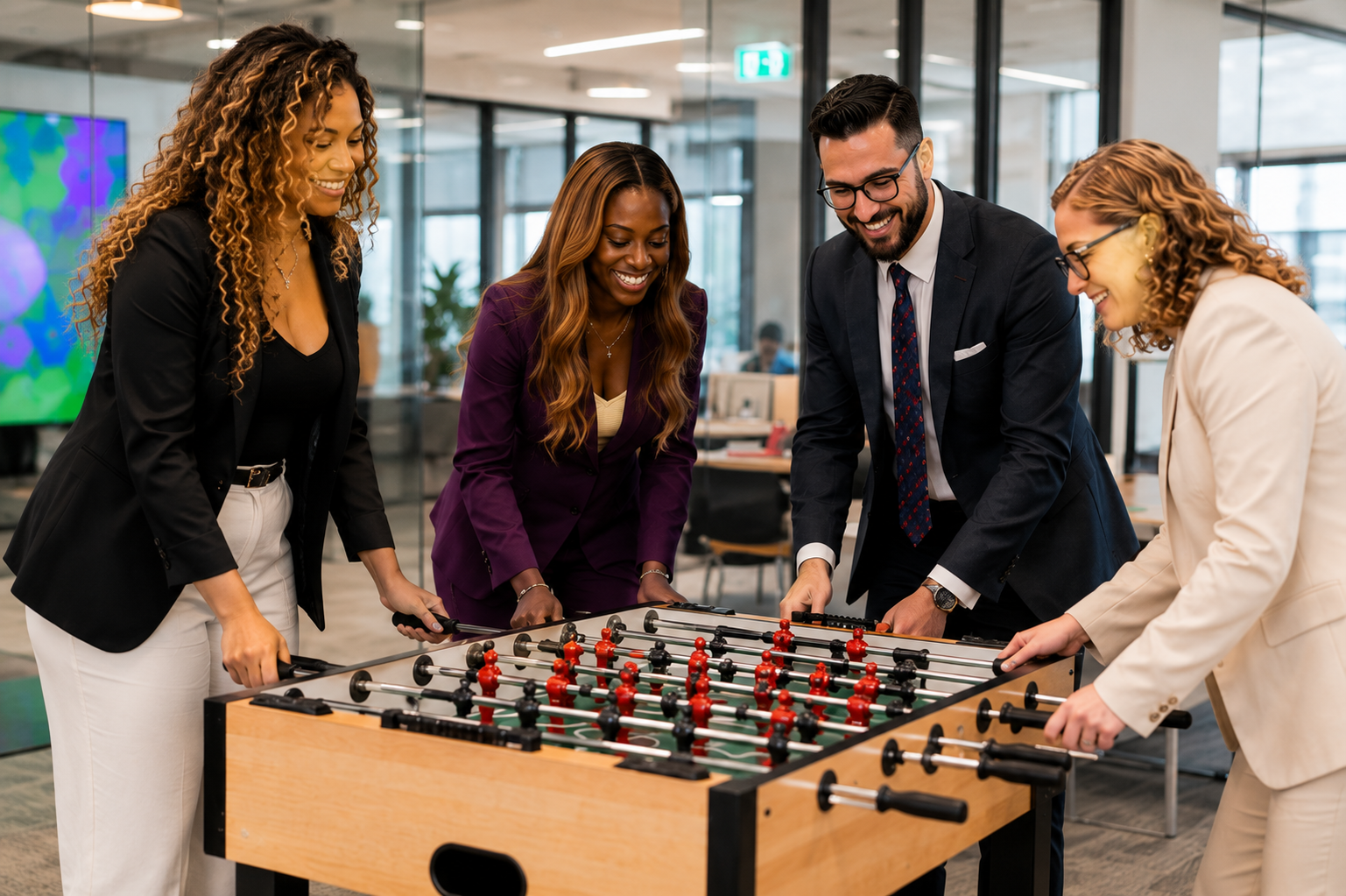 Teammates playing foosball during a break in the office