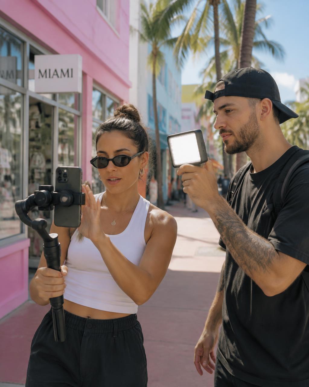 Miami Vybe crew filming a short-form video outside a pastel Miami storefront