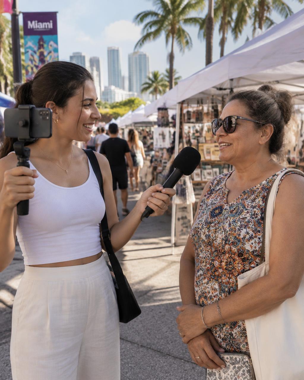Team member running a filmed street poll with a local resident at a Miami market