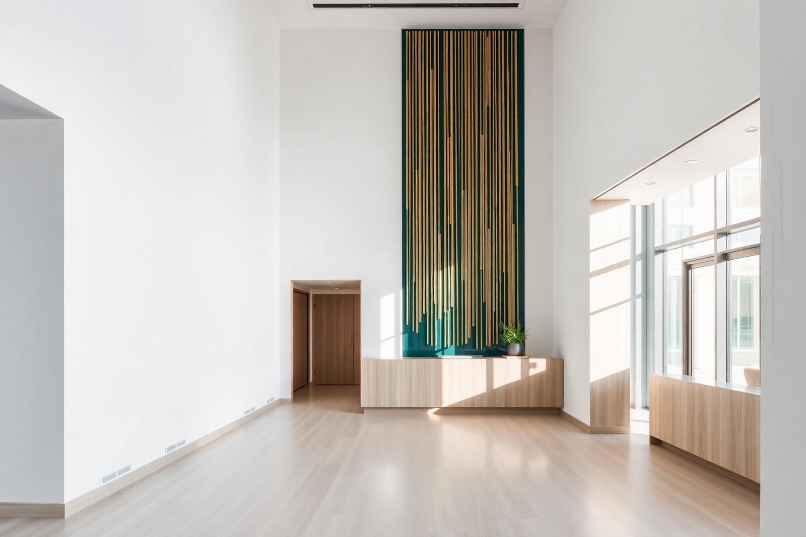 Bright Miami office lobby with a frequency-inspired wall installation