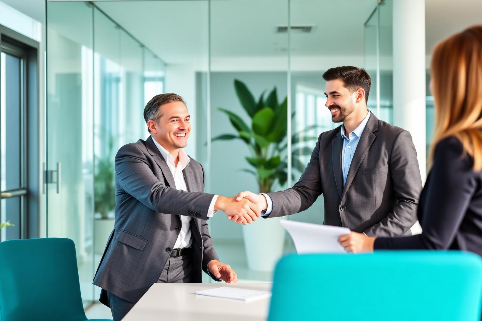 Two colleagues shaking hands in a bright Miami office